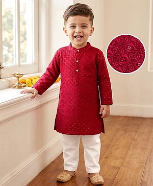 Babyhug Georgette Woven Full Sleeves Kurta Pajama Set with Embroidery - Maroon