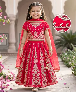 Babyhug Net Woven Half Sleeves Choli
                              Lehenga & Dupatta Set With Floral
                              Embroidery - Red