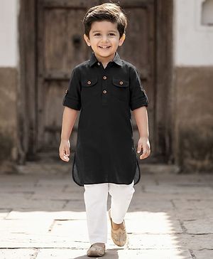 Babyhug Cotton Linen Woven Full Sleeves Solid Color Pathani Kurta Pajama Set - Black