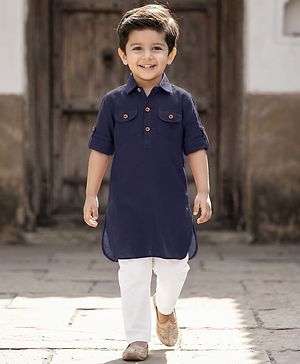 Babyhug Cotton Linen Woven Full Sleeves Solid Color Pathani Kurta Pajama Set - Navy Blue