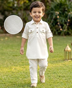 Babyhug Cotton Linen Woven Full Sleeves Pathani Kurta Pajama Set - Off White