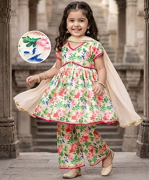 Babyhug Cotton Woven Half Sleeves Floral Printed Kurta & Palazo Set With Dupatta - White