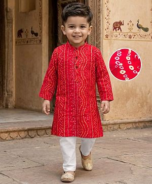 Babyhug Cambric Woven Full Sleeves Kurta Pajama Set with Motif Print- Red
