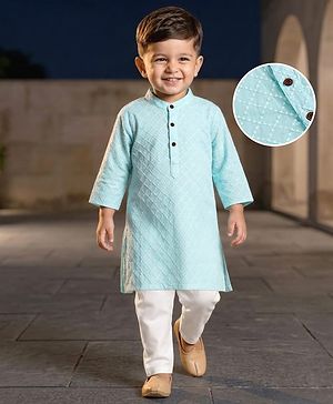 Babyhug Cambric Woven Full Sleeves Hakkoba Embroidered Kurta Pyjama Set - Light Blue