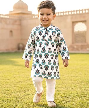 Babyhug Cambric Woven Full Sleeves Kurta Pajama Set with Floral Print - White