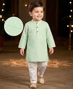 Babyhug Cambric Woven Full Sleeves Hakkoba Embroidered Kurta Pyjama Set - Mint Green