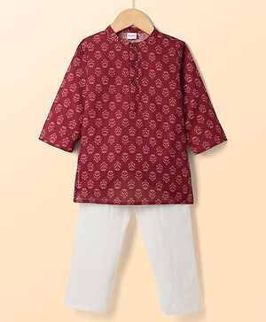Babyhug 100% Cotton Woven Full Sleeves Cambric Printed Kurta Pyjama Set - Maroon