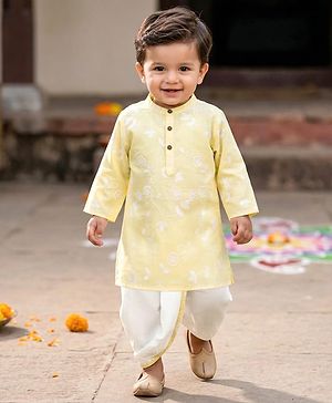 Babyhug 100% Cotton Woven Full Sleeves Floral Embroidered Cambric Kurta & Dhoti Set - Yellow