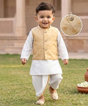 Babyhug Cambric Woven Full Sleeves Kurta Dhoti Set with Jacket & Motif Foil Print - Beige