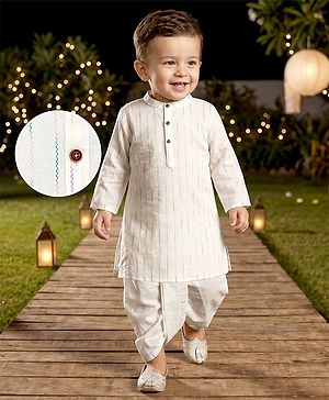 Babyhug 100% Cotton Dobby Woven Full Sleeves Kurta & Dhoti Set With Embroidery - Off White