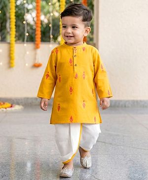 Babyhug 100% Cotton Dobby Woven Full Sleeves Kurta & Dhoti Set With Embroidery Detailing - Yellow