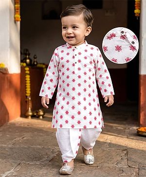 Babyhug Cambric Woven Full Sleeves Kurta Dhoti Set with Floral Print - White