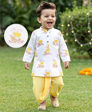Babyhug Cambric Woven Full Sleeves Kurta Dhoti Set with Elephant Print - White & Yellow