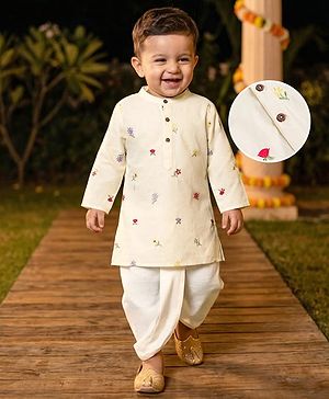 Babyhug 100% Cotton Woven Full Sleeves Floral Embroidered Kurta & Dhoti Set - Beige