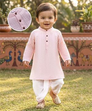 Babyhug Cotton Goss Woven Full Sleeves Solid Color Kurta Dhoti Set - Light Pink & White