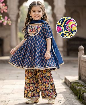 Babyhug Cotton Woven Three Fourth Sleeves Kurta & Palazo Set With Dupatta - Navy Blue