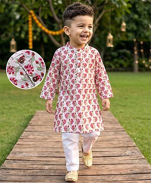 Babyhug Cambric Woven Full Sleeves Kurta Pyjama Set With Floral Print - White