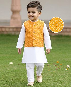 Babyhug Cambric Woven Full Sleeves Kurta Pajama Set with Jacket & Motif Print - Yellow & White