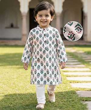 Babyhug Cambric Woven Full Sleeves Kurta Pajama Set with Floral Print - White