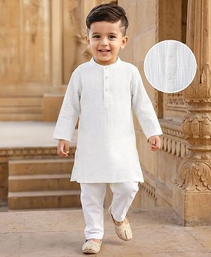 Babyhug 100% Cotton Woven Full Sleeves Goss Solid Kurta & Pyjama Set - White