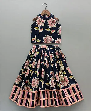 Bolly Lounge Woven Sleeveless Floral Printed Lehenga & Choli Set - Blue