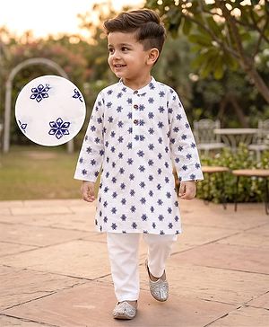 Babyhug Cambric Woven Full Sleeves Floral Printed Kurta Pyjama Set - White