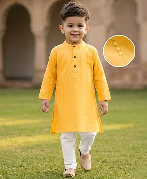 Babyhug 100% Cotton Woven   Cambric Full Sleeves  Embroidered Kurta & Pyjama Set - Yellow