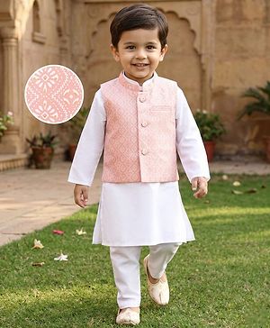 Babyhug Cambric Woven Full Sleeves Kurta Pajama Set with Jacket & Motif Print- Pink & White