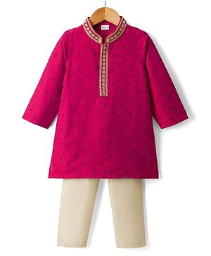 Babyhug Woven Full Sleeves Dobby Kurta Pajama Set with Embroidery - Fuchsia