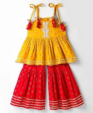 Saka Designs Cotton Woven Sleeveless
                              Kurti Gharara Set With Floral Print -
                              Yellow & Red