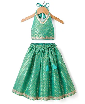 Saka Designs Cotton Woven Sleeveless
                              Backless Halter Neck Choli Lehenga With
                              Foil Print & Lace Detailing - Green