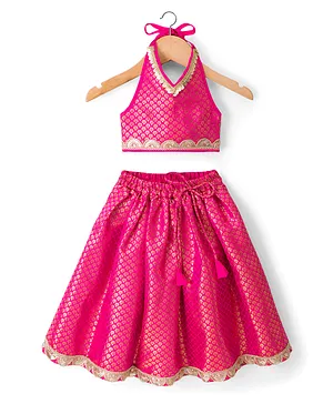 Saka Designs Cotton Woven Sleeveless
                              Backless Halter Neck Choli & Lehenga
                              With Foil Print & Lace Detailing -
                              Dark Pink