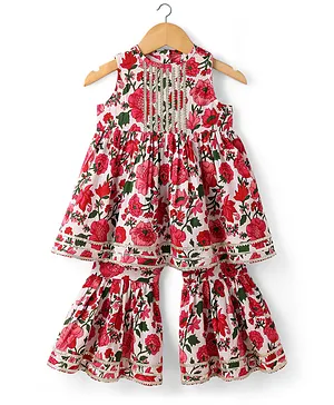 Saka Designs Cotton Woven Sleeveless
                              Kurta & Sharara Set With Floral Print
                              & Lace Detailing - Pink