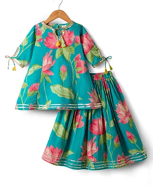 Saka Designs Cotton Woven Three Forth
                              Sleeves Floral Printed Lehenga Choli Set -
                              Teal Blue