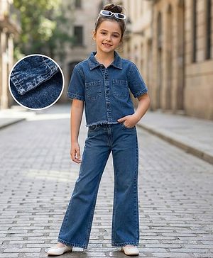 Pine Kids Cotton Knit Half Sleeves Co-ords Solid Color Denim Top & Jeans Set - Blue