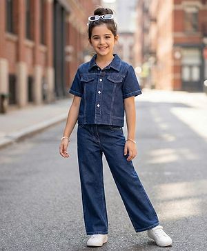 Pine Kids Cotton Knit Half Sleeves Co-ords Solid Color Denim Top & Jeans Set - Blue