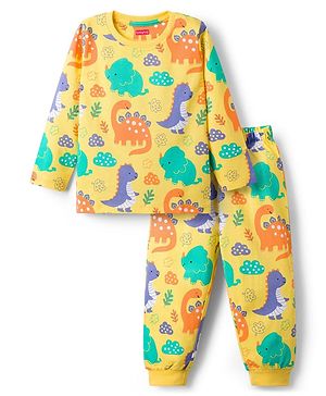 Babyhug Cotton Knit Full Sleeves T-Shirt & Lounge Pant Co-ords Night Suit With Dino Print - Yellow