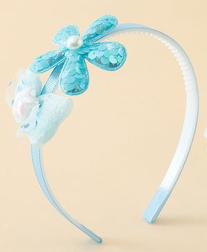 Babyhug Free Size Hair Band With Bow & Sequinned Floral Applique -Light Blue