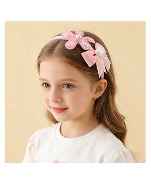 Pine Kids Free Size Hair Band With Bow & Sequinned Floral Applique - Pink