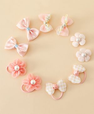 Babyhug Free Size Bow & Butterfly Hair Clips & Rubber Bands Pack of 10- Light Pink