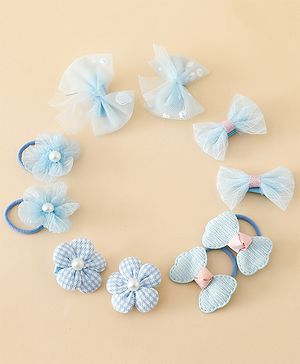 Babyhug Free Size Bow & Butterfly Hair Clips & Rubber Bands Pack of 10- Light Blue