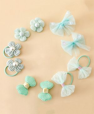 Babyhug Free Size Bow & Butterfly Clips & Rubber Pack of 10- Light Green.