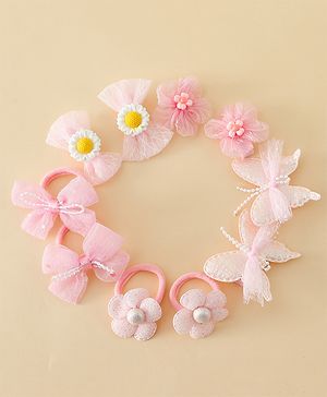 Babyhug Free Size Bow & Butterfly Clips & Rubber Pack Of 10 - Pink