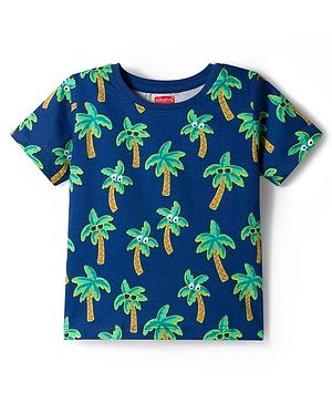 Babyhug Cotton Knit Half Sleeves T-Shirt with Tree Print - Navy Blue