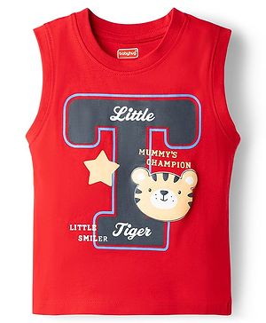 Babyhug Cotton Knit Sleeveless Tank T-Shirt with Tiger Applique - Red