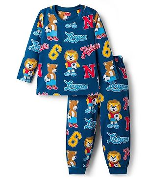 Babyhug Cotton Knit Full Sleeves T-Shirt & Lounge Pant Co-ords Night Suit With Bear Print - Navy Blue