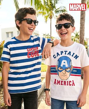 Pine Kids Marvel 100% Cotton Knit Drop Shoulder Half Sleeves Striped T-Shirt With Avengers Graphic Pack Of 2 - Multicolour