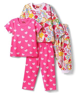 Babyhug 100% Cotton Knit Half & Full Sleeves T-Shirts & Pyjamas Co-ord Night Suits with Heart & Fruit Print Pack of 2 - Multicolor