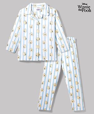 Pine Kids Disney 100% Cotton Woven Full Sleeves Front Open Co-Ords Shirt & Pyjama Night Suit With Winnie the Pooh Print - Light Blue