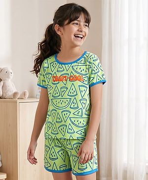 Pine Kids Cotton Knit Half Sleeves Co-ords T-Shirt & Shorts Night Suit with Watermelon Print - Green